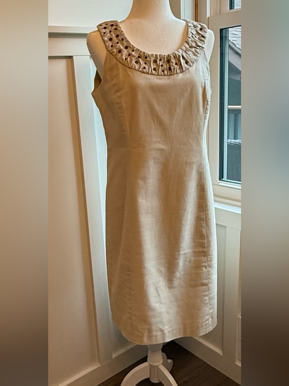 Willi Smith Sleeveless Beige Sheath Dress with Metal Studded Neckline